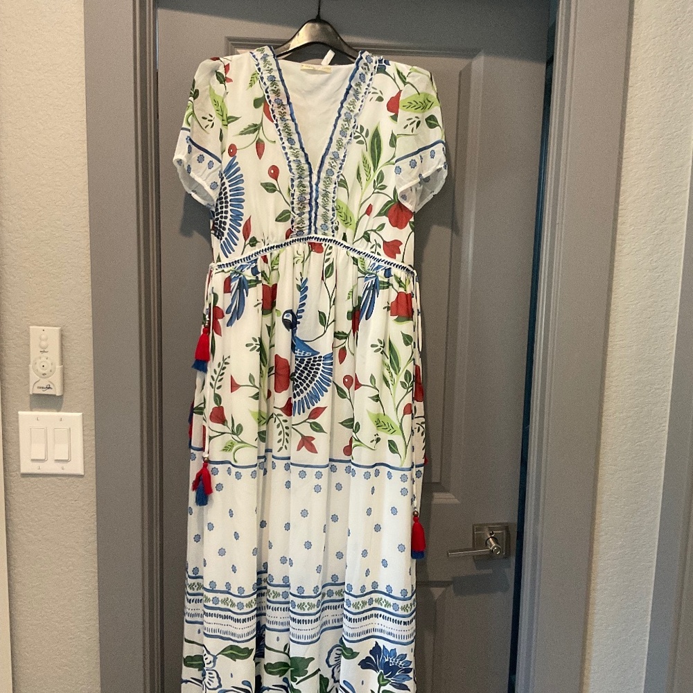 Boho Floral V-Neck Maxi Dress in White with Red & Blue Accents
